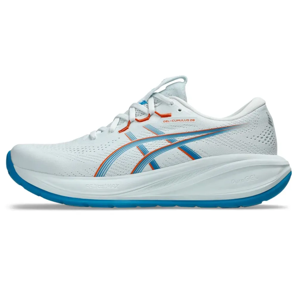 Vista lateral do tênis Asics Gel-Cumulus 28 masculino azul, destacando o cabedal em malha técnica e solado aderente.